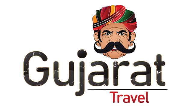 Gujarat Travel Typography Logo Vector with Traditional Man Illustration, Colorful Turban and Mustache for Indian Tourism and Culture