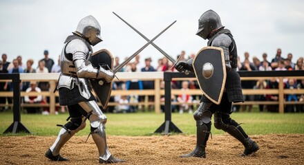 Two knights in armor with swords and shields fighting at historical reenactment festival. Medieval battle display for educational event backdrop