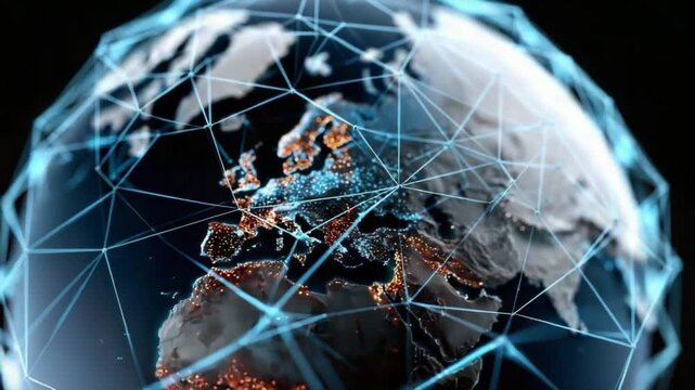Global Network: A digital representation of the world, encircled by a web of interconnected nodes, symbolizes the intricate global network. Capturing innovation and interconnection