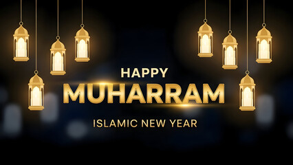 Happy muharram islamic new year greeting with hanging lanterns