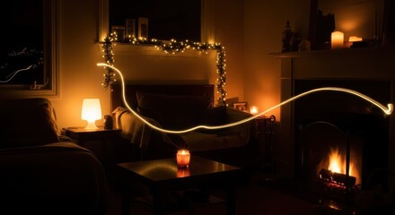 Obraz premium Interior nighttime scene illuminated by various warm lights and an abstract light trail across the room.