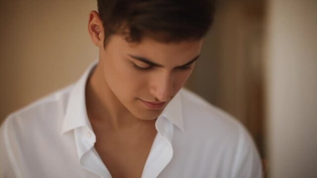 Bringing hands to chest, man buttoning white buttondown shirt at home, smoothing collar and buttons
