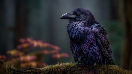 Majestic Raven in Misty Forest.