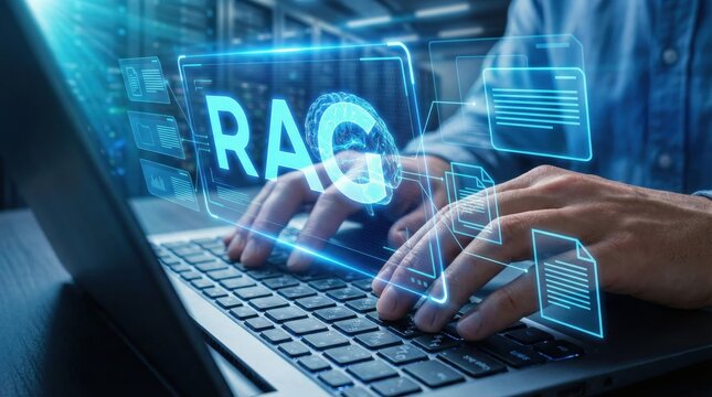 RAG Data Processing: A person interacts with digital interface, with the word RAG on screen symbolizing Retrieval Augmented Generation (RAG) in data processing and AI development