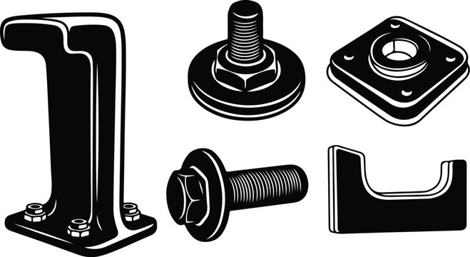 Industrial metal hardware components and tools set illustration