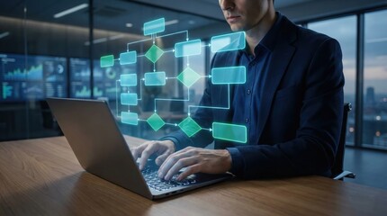 Data Flow: A professional, deeply engrossed in his work, navigates the complexities of data, the flow of information is visualized, enhancing understanding and problem-solving capabilities