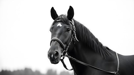 Black Horse Portrait with Harness and Reins.