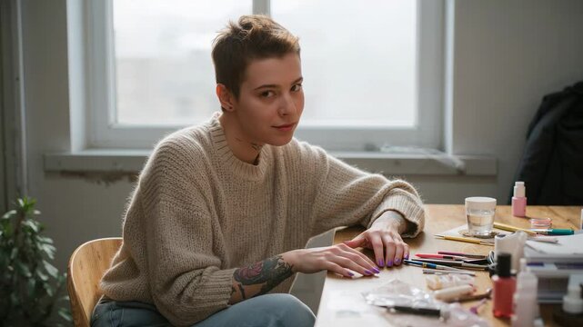 Placing hands at home, woman in beige sweater shaping nails with tools and meeting camera gaze