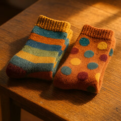 Colorful Patterned Socks on Wooden Surface &ndash; Cozy Winter Fashion Accessories