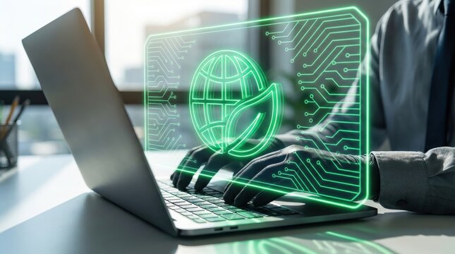 Eco-Friendly Tech: A person working on a laptop with a green eco-friendly interface representing technology supporting environmental protection. - Powered by Adobe