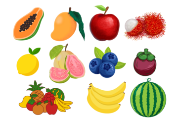 A fresh collection and set of fruits and vegetables featuring a cartoon vector illustration of an apple, banana, strawberry, orange, cherry, lemon, pear, pineapple, plum, watermelon, kiwi, and peach