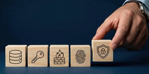 Securing Digital Realm: A vigilant hand strategically arranges wooden blocks showcasing core elements of cybersecurity, representing robust protection in the digital landscape.