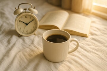 Morning relaxation with coffee alarm clock and open book on bed cozy scene, wake up slowly, morning.