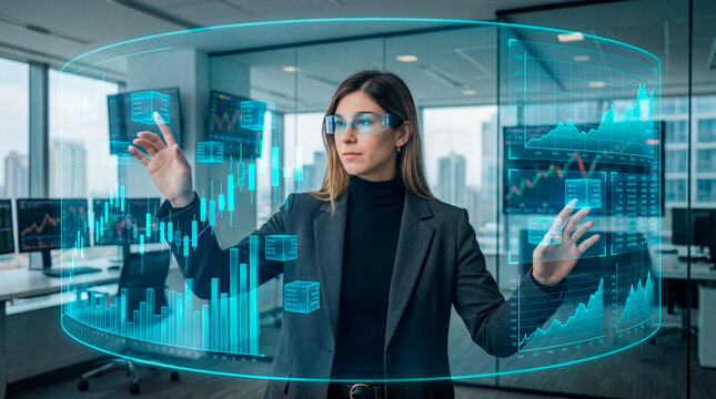 Technology analyst interacting with transparent financial data interface in modern office