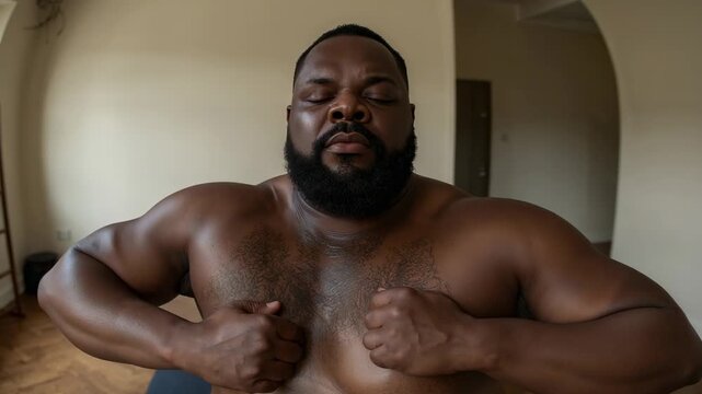 Centering and closing eyes, shirtless muscular man pressing knuckles into chest on mat, warming