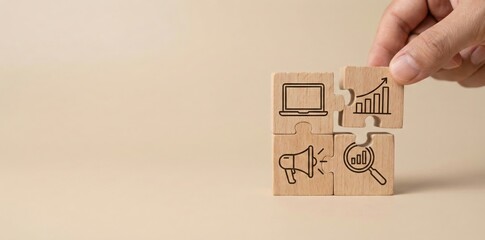Building Success Blocks: A hand strategically places the final piece of a wooden puzzle, assembling icons of modern digital marketing, representing strategy and growth.