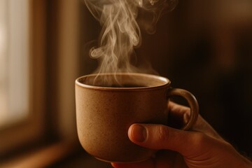 Steaming hot coffee in a ceramic mug held by a hand, warm beverage aroma rising, morning comfort.