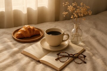 Morning coffee and croissant with book and glasses cozy relaxation cozy corner home scene coffee.