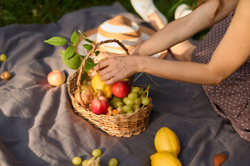Elegant lady arranging basket with grapes and lemons outdoors
