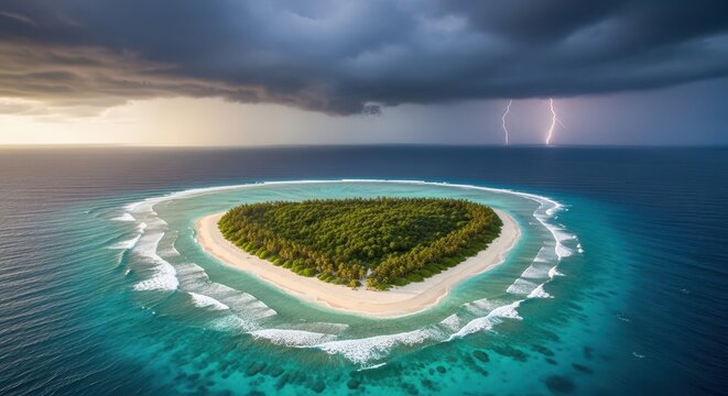 Elevated view captures small island surrounded by turquoise water beneath a dramatic, stormy sky with lightning strikes