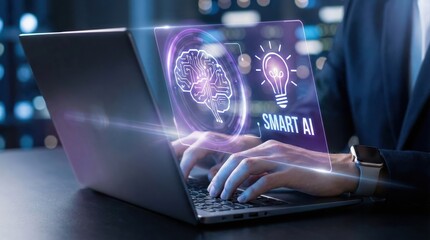 Innovation in AI: A close-up of hands typing on a laptop, with a screen overlay displaying futuristic artificial intelligence concepts, including a glowing brain and light bulb.