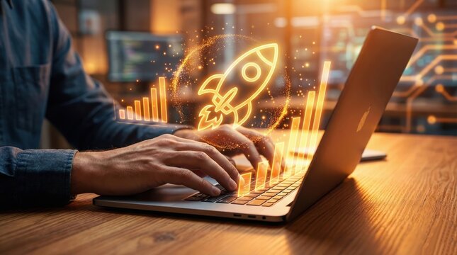 Tech Launchpad: An individual sits at a wooden desk, engrossed in their laptop as a rocket soars from its screen, symbolizing new beginnings, innovation, and technological advancement.