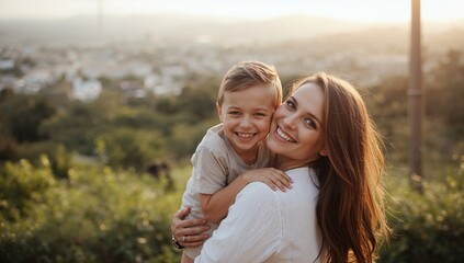 Fototapeta premium Happy Woman Holding Smiling Young Boy with Greenery and Cityscape Background