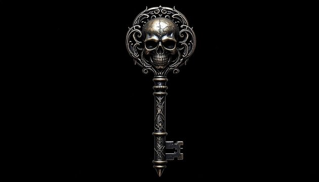 Dark ornate gothic key with skull motif and intricate symmetrical patterns on black background