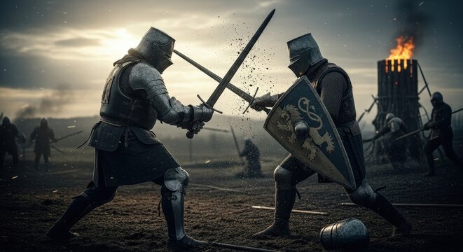 Two knight warriors in full armor engaged in sword fight battle on a field. Medieval combat and historical reenactment for epic fantasy adventure