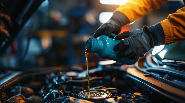 Car owner changes engine oil in home garage during daytime with blue bottle in hand