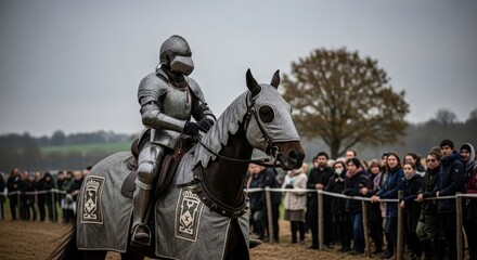 Naklejka premium Knight man in full armor on horseback during a medieval reenactment. Historical event show with chevalier and his horse for festival