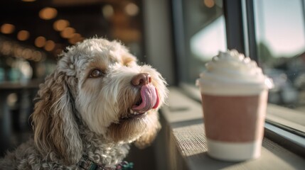 Dog with curly fur sitting by a window in a cafe, licking its lips while looking at a cup of whipped cream on a table nearby