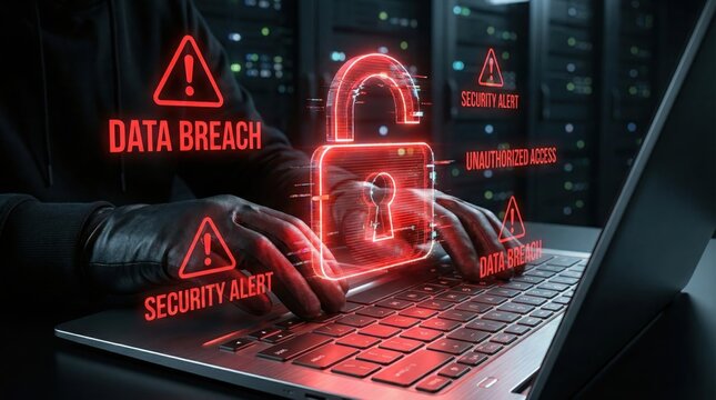 Cybersecurity Alert: A shadowy figure, hands poised over a laptop keyboard, is confronted by glowing digital warnings of data breaches, security alerts, and unauthorized access.