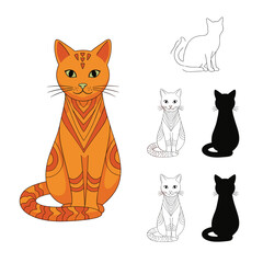 Obraz premium Orange tabby cat illustration shown in a decorative style with various small outline and silhouette versions for pet themed designs.