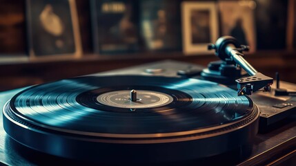 A well-loved, high-end turntable with a vinyl record playing, the needle on the groove, next to a collection of album covers, moody and nostalgic atmosphere, rich tones, cinematic lighting, 