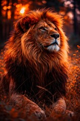 Naklejka premium High-quality artistic lion portrait with warm dramatic lighting, realistic mane detail and natural forest background, perfect for wildlife and power themes.