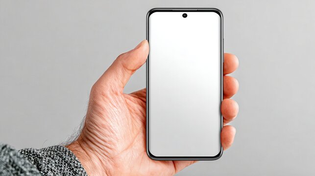 Smartphone held by a person in a neutral background during the day, ready for use in various applications such as communication or social media sharing