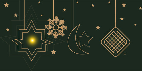 Ramadan Kareem design on green Islamic background with gold ornament star, moon, mosque, lanterns and islamic elements. Suitable for raya and ramadan template concept.