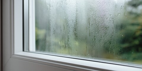Condensation on window glass: close-up of moisture in humid weather