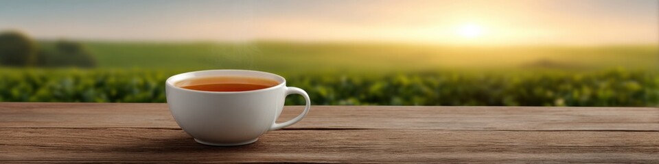 Naklejka premium Morning sunrise over a tea field with a steaming cup on wooden table