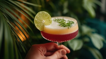Hand holding a layered cocktail glass with vibrant colors, garnished with a lime slice and fresh herbs, set against a lush green background of tropical foliage