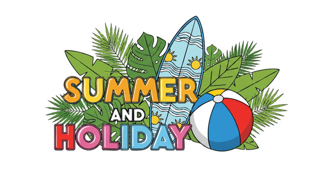Vibrant illustration of summer holiday theme with surfboard, beach ball, and tropical leaves in bright colors against a clean white background.