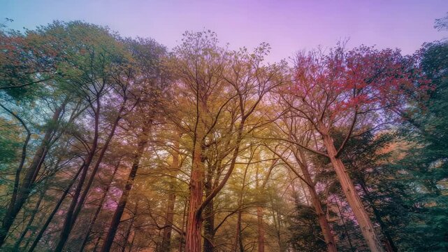 Tilting camera revealing central tall tree trunk and canopy in forest, capturing color shift