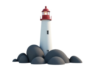 Lighthouse on rocky island with white and red stripes, perfect for coastal or nautical themes
