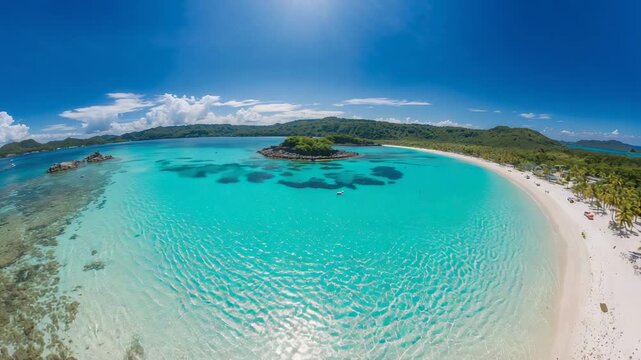 Drifting drone revealing crescent turquoise lagoon and islet at tropical bay, bringing beach closer
