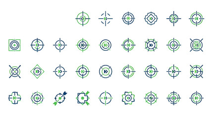 ターゲットと矢のビジネスロゴ30案セット。目標達成・成果・精度を象徴する青と緑のミニマルなシンボル。誠実で知的なデザイン素材集。