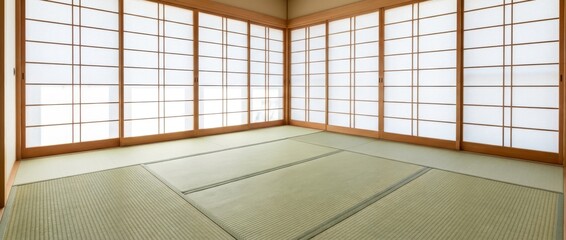 Traditional Japanese tatami room interior with shoji and fusuma. Empty washitsu room with tatami mats and soft daylight background