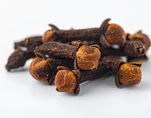 Macro Shot of Aromatic Dried Cloves Spice Pile on White Background, Essential Ingredient for Cooking and Baking