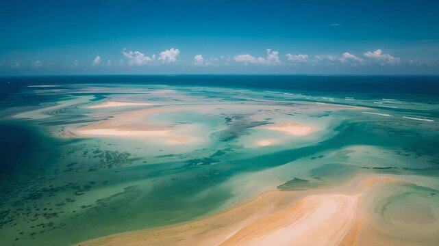 Panning drone revealing broad sandbanks in tropical lagoon, showing shallow channels and coral