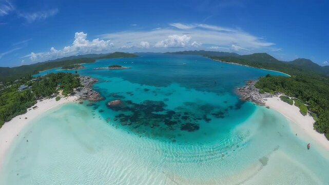 Launching drone camera gliding over tropical bay to reveal turquoise lagoon, sandbar, coral patches